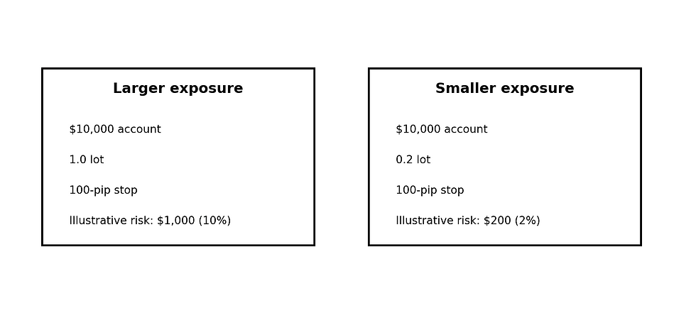 Original illustration based on the course example: the same account and stop distance can create very different percentage risk depending on position size.