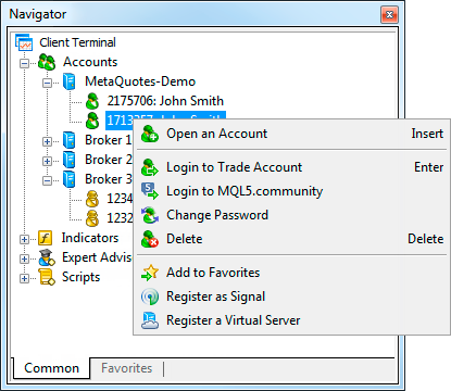 Original screenshot: opening the account wizard from the Navigator panel.