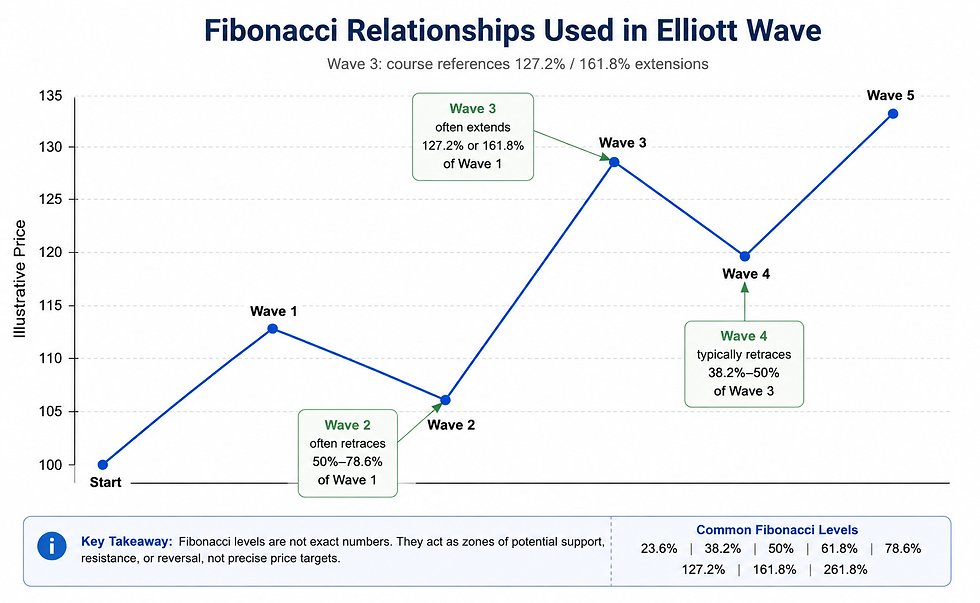 Original illustration: Fibonacci relationships referenced in the Elliott Wave course.