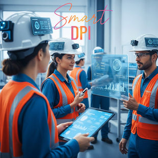 Lavoratori in un ambiente moderno indossano Smart DPI, come caschi intelligenti con sensori e visori. L'immagine evidenzia l'integrazione tra tecnologia e sicurezza, con schermi che mostrano dati in tempo reale per monitorare la salute e le condizioni ambientali, simboleggiando la prevenzione proattiva e l'approccio umano-centrico della Medicina del Lavoro.