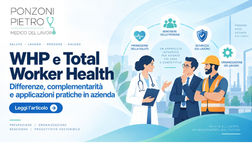 Banner WHP e Total Worker Health con Medico Competente, manager e lavoratore, simboli di promozione della salute, sicurezza e organizzazione del lavoro, con logo originale Pietro Ponzoni.