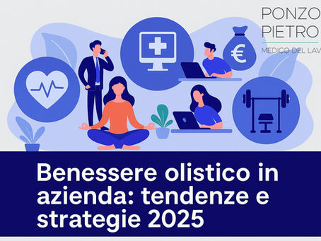 Banner digitale orizzontale per articolo sul benessere olistico in azienda 2025, con grafica moderna in colori caldi e professionali. Illustrazione di lavoratori e manager in un ambiente ufficio accogliente, elementi che richiamano salute fisica, mentale e benessere sociale, come icone di cuore, yoga, telemedicina e collaborazione, disposti in composizione armoniosa