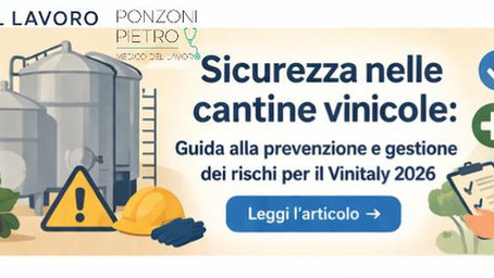 Banner illustrato sulla sicurezza nelle cantine vinicole con serbatoi, operatore con DPI e icone di rischio (CO2, gas inerti, SO2), focalizzato su prevenzione, ambienti confinati e gestione dei rischi.