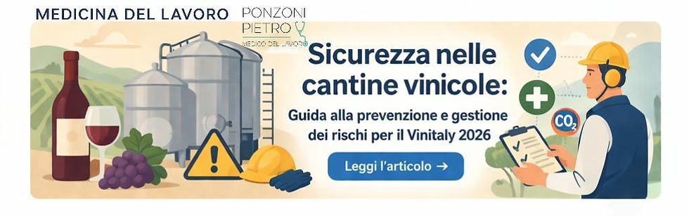 Banner illustrato sulla sicurezza nelle cantine vinicole con serbatoi, operatore con DPI e icone di rischio (CO2, gas inerti, SO2), focalizzato su prevenzione, ambienti confinati e gestione dei rischi.