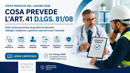 Banner sulle visite mediche del lavoro 2026 ai sensi dell’art. 41 D.Lgs. 81/08: illustrazione di Medico Competente e lavoratore con cartella sanitaria, DVR, giudizio di idoneità e icone per visita preventiva, periodica e rientro dopo oltre 60 giorni; presente il logo originale Pietro Ponzoni Medico del Lavoro.