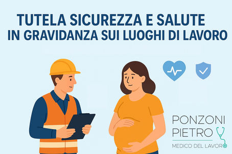 Illustrazione digitale con una lavoratrice in gravidanza e un tecnico della sicurezza che le mostra una scheda. Sullo sfondo, icone di salute, segnale di rischio e scudo con spunta. Titolo: “Tutela sicurezza e salute in gravidanza sui luoghi di lavoro".