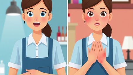 Illustrazione a schermo diviso di un lavoratore (genere neutro) in due condizioni. Lato sinistro: pelle sana, ambiente di lavoro pulito, toni blu/freddi. Lato destro: lo stesso lavoratore con grave dermatite allergica da contatto su mani e viso (arrossamento, eruzione cutanea), sullo sfondo sono raffigurati utensili o contenitori di sostanze chimiche, toni caldi/rossi.