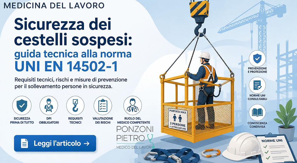 Banner illustrato sulla sicurezza dei cestelli sospesi con operatore in piattaforma sollevata da gru, DPI anticaduta, icone di prevenzione e riferimenti alla norma UNI EN 14502-1 per il sollevamento persone in sicurezza.