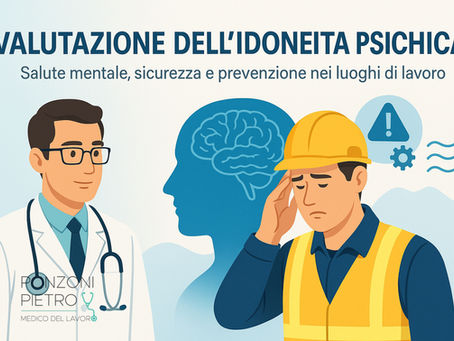Illustrazione di un medico del lavoro e un operaio, affiancati da un’icona del cervello e un segnale di rischio, a rappresentare il tema della valutazione dell’idoneità psichica dei lavoratori per la sicurezza sul lavoro.