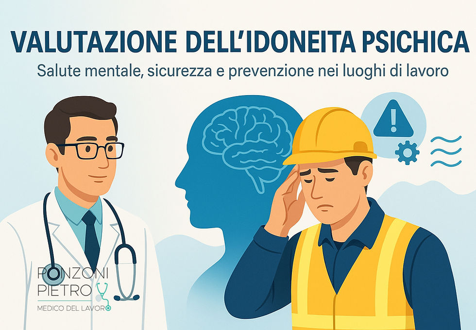 Illustrazione di un medico del lavoro e un operaio, affiancati da un’icona del cervello e un segnale di rischio, a rappresentare il tema della valutazione dell’idoneità psichica dei lavoratori per la sicurezza sul lavoro.