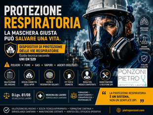 Banner informativo sulla protezione delle vie respiratorie nei luoghi di lavoro. Un lavoratore con maschera APVR in ambiente industriale contaminato. Il visual illustra la guida alla scelta e gestione dei dispositivi di protezione respiratoria secondo UNI EN 529, con riferimenti a valutazione del rischio, filtri, fit test, manutenzione e normativa D.Lgs. 81/08.