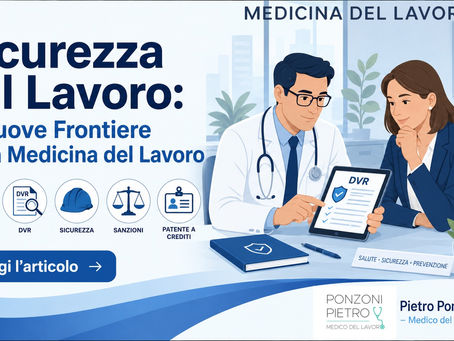 Banner orizzontale in formato 16:9, illustrazione flat corporate con toni azzurro pastello e blu professionale su sfondo pulito. Al centro, un medico competente in camice bianco con stetoscopio è seduto a una scrivania insieme a una figura HR, entrambi intenti a esaminare un documento digitale che rappresenta il DVR aziendale su un tablet. Attorno alla scena sono disposte in modo ordinato piccole icone flat: un cuore/cervello a rappresentare il benessere mentale, un documento con lente d'ingrandimento per il DVR, un caschetto di sicurezza, una bilancia per le sanzioni normative e un badge/tessera per la patente a crediti. In alto, in caratteri grandi e ben leggibili, compare il titolo dell'articolo; in basso è presente un pulsante con la scritta "Leggi l'articolo". Nell'angolo in basso a destra la firma "Pietro Ponzoni – Medico del Lavoro".
