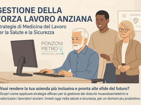Illustrazione digitale in stile aziendale con un lavoratore anziano seduto a una scrivania ergonomica, affiancato da due colleghi più giovani. Il titolo recita “Gestione della Forza Lavoro Anziana – Strategie di Medicina del Lavoro per la Salute e la Sicurezza”. L’immagine comunica inclusione, supporto e benessere nei luoghi di lavoro.