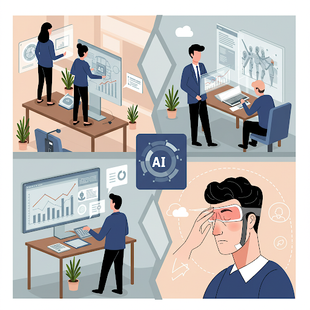Illustrazione che rappresenta l'applicazione dell'Intelligenza Artificiale nel lavoro, mostrando analisi di dati, monitoraggio di robot, interfacce digitali e realtà aumentata, con un focus sulle opportunità e le sfide per la salute e la sicurezza.