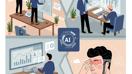 Illustrazione che rappresenta l'applicazione dell'Intelligenza Artificiale nel lavoro, mostrando analisi di dati, monitoraggio di robot, interfacce digitali e realtà aumentata, con un focus sulle opportunità e le sfide per la salute e la sicurezza.