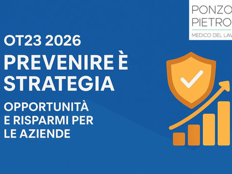 Banner grafico blu con illustrazione digitale di un’azienda sicura e moderna, accompagnata dal titolo “OT23 2026 – Prevenire è Strategia”, simboli di sicurezza sul lavoro e documentazione INAIL, a rappresentare l’opportunità di riduzione dei premi assicurativi attraverso la prevenzione.