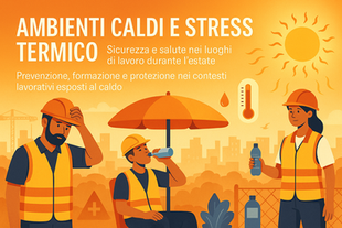 Immagine di un cantiere edile all'aperto sotto un sole intenso, con operai che indossano giubbotti riflettenti e caschi di sicurezza. L'immagine include un simbolo di termometro con onde di calore, rappresentando il rischio di stress termico in ambienti di lavoro caldi. Un operaio è visibile in pausa, idratandosi. L'atmosfera generale suggerisce l'importanza della sicurezza e della prevenzione in contesti lavorativi esposti al calore estivo.