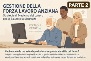 Tre lavoratori di diverse età e background collaborano davanti a un computer in un ambiente d’ufficio. Il focus è su un lavoratore anziano al centro, supportato da colleghi più giovani, simbolo di inclusione e valorizzazione dell’esperienza lavorativa nell’ambito della medicina del lavoro.