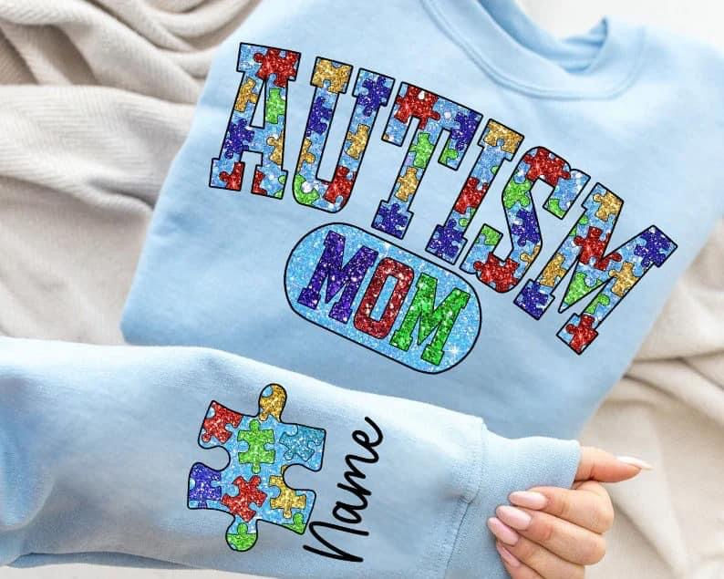 Autism- sequin Mom with Sleeve Name 