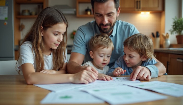 Eye-level view of a family sitting at a kitchen table reviewing medical bills and HSA documents