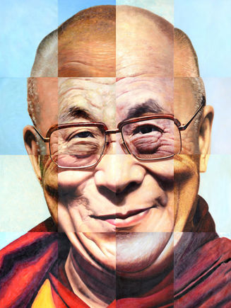 Close-up detail of a single disguised eye fragment from Airco Caravan's "Made in China," one of sixteen paintings later revealed to form a portrait of the Dalai Lama
