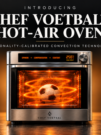 Chef Voetbal Hot-Air Oven satire featuring a football inside a glowing convection oven