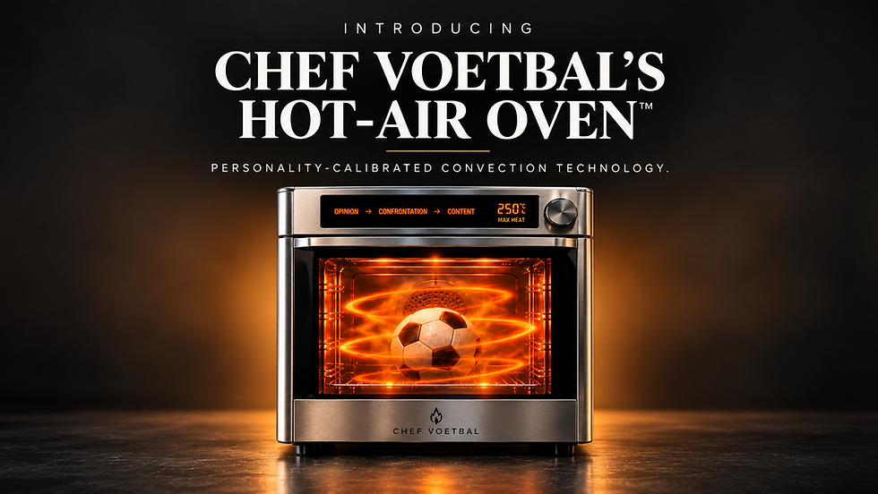 Chef Voetbal Hot-Air Oven satire featuring a football inside a glowing convection oven