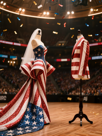 Avant-garde American flag couture on display forms at Madison Square Garden, editorial image for America's 250th anniversary essay