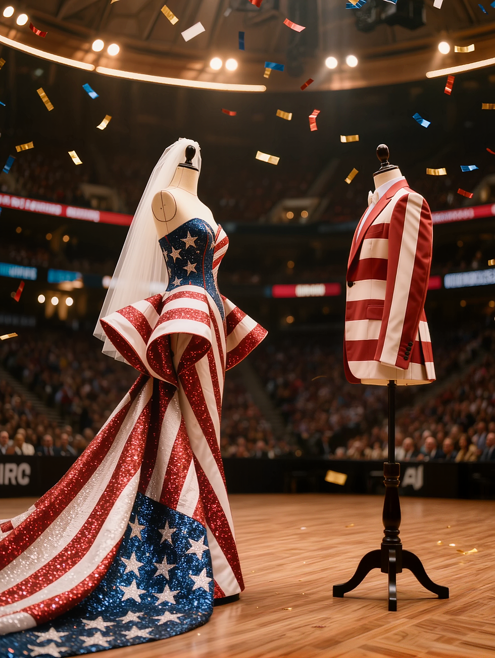 Avant-garde American flag couture on display forms at Madison Square Garden, editorial image for America's 250th anniversary essay