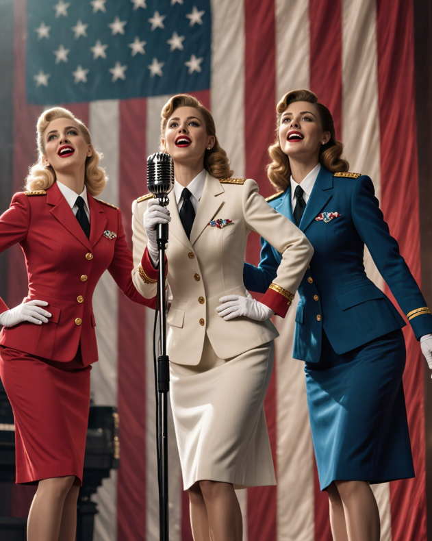 Three vintage-styled performers in patriotic uniform singing before a full American flag backdrop, satirical editorial image referencing 'Born in the USA