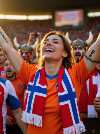 Woman in an orange Dutch jersey and Norwegian flag scarf celebrating at a World Cup match, surrounded by fans in Viking face paint, golden hour lighting