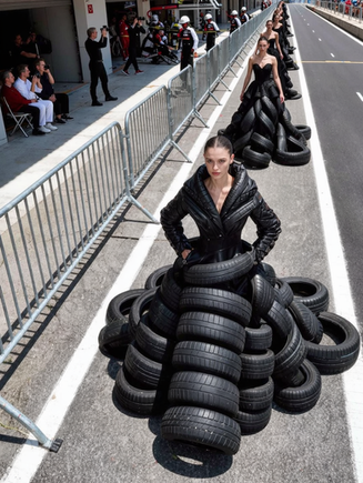Fashion models in a tire dresses walking an F1 pit lane runway, AI-generated concept illustrating the intersection of Formula 1 and fashion, created by Trudy Giordano for (the)MAGAZINE