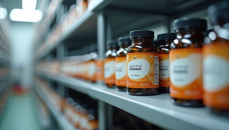 Close-up view of cosmetic and herbal supplement bottles arranged on a clean production shelf