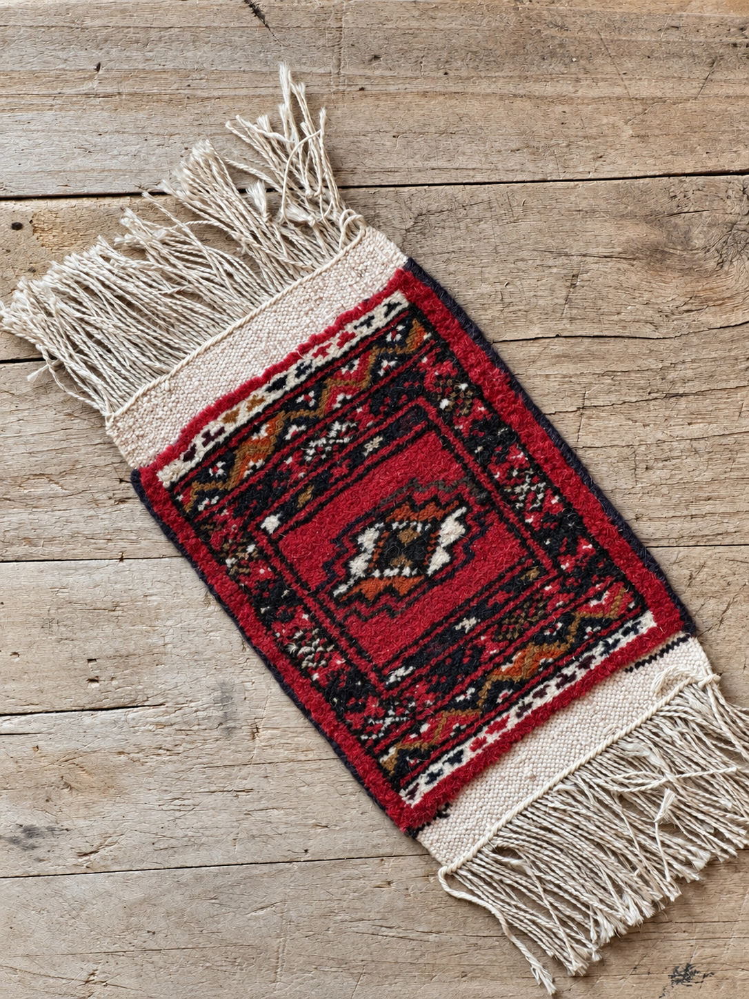 Vintage Mini Persian Rug Table Mat with Fringe 8” × 6”
