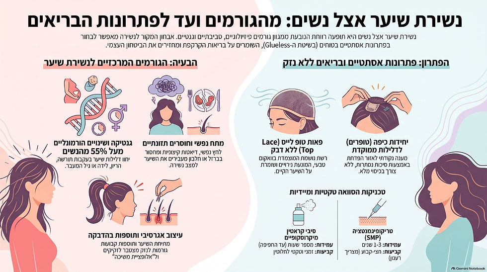 אינפוגרפיקה המציגה מדריך מקיף לנשירת שיער ודלילות אצל נשים אבחון ופתרונות