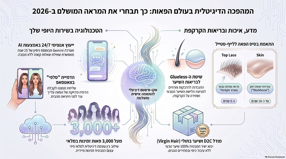 איור המדגים התאמת פאות, הבדלים בין רשת טופ לייס לסקין, ופתרונות מתקדמים לדלילות שיער מבית רחלי קרן