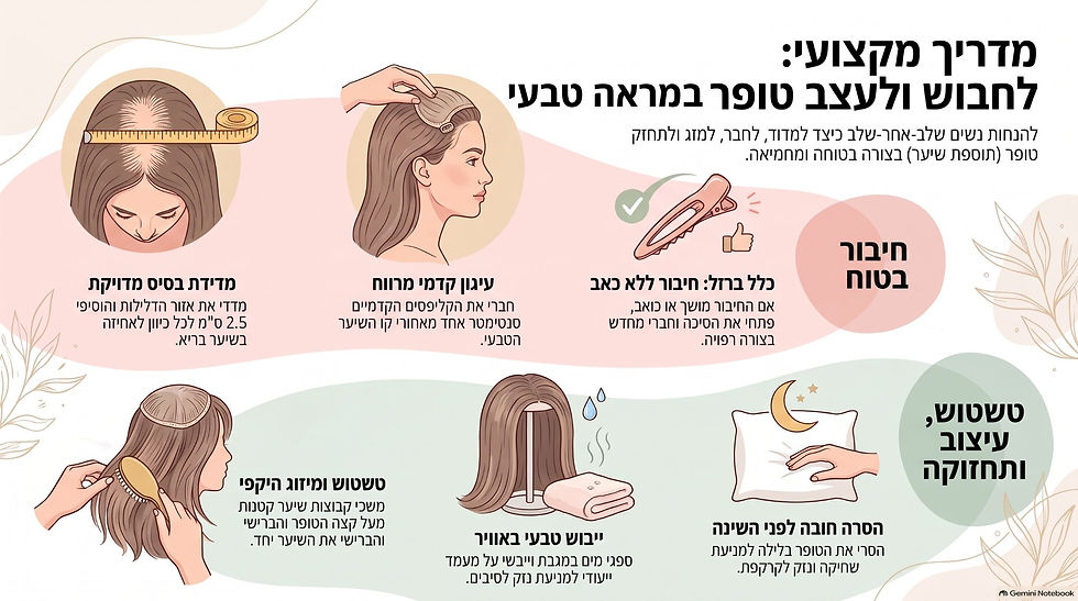 אינפוגרפיקה המציגה מדריך ויזואלי שלב-אחר-שלב לחבישת ועיצוב טופר לשיער