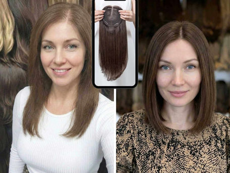 Comparison of a topper unit versus a full wig at Racheli Keren Wig Salon.