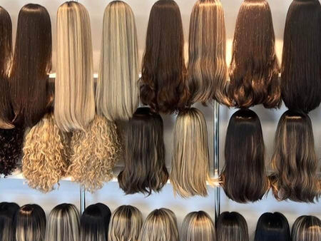 תצוגה מרהיבה של פאות משיער טבעי במגוון צבעים, אורכים וסגנונות בסלון רחלי קרן, המציע שירותי בנייה, תיקון ושדרוג פאות.