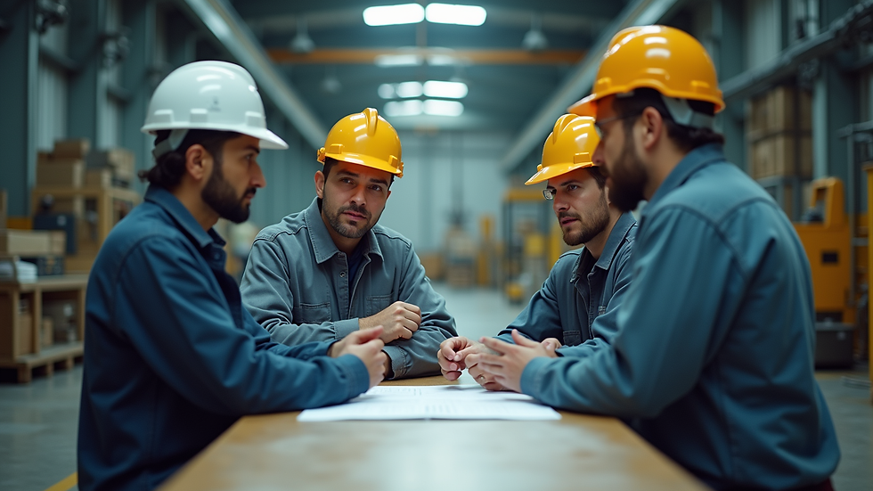 Eye-level view of a consultant explaining waste management plan to industrial workers