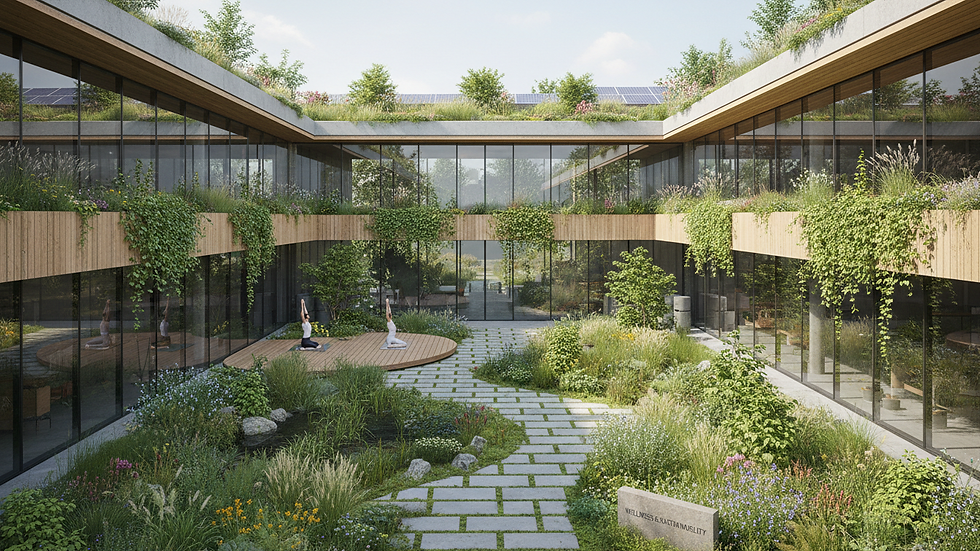 Eye-level view of a green garden integrated with modern sustainable architecture