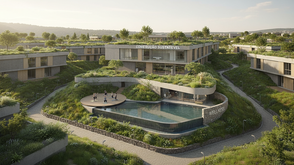 Wide angle view of green and minimal landscape in Kairos Ecovillage