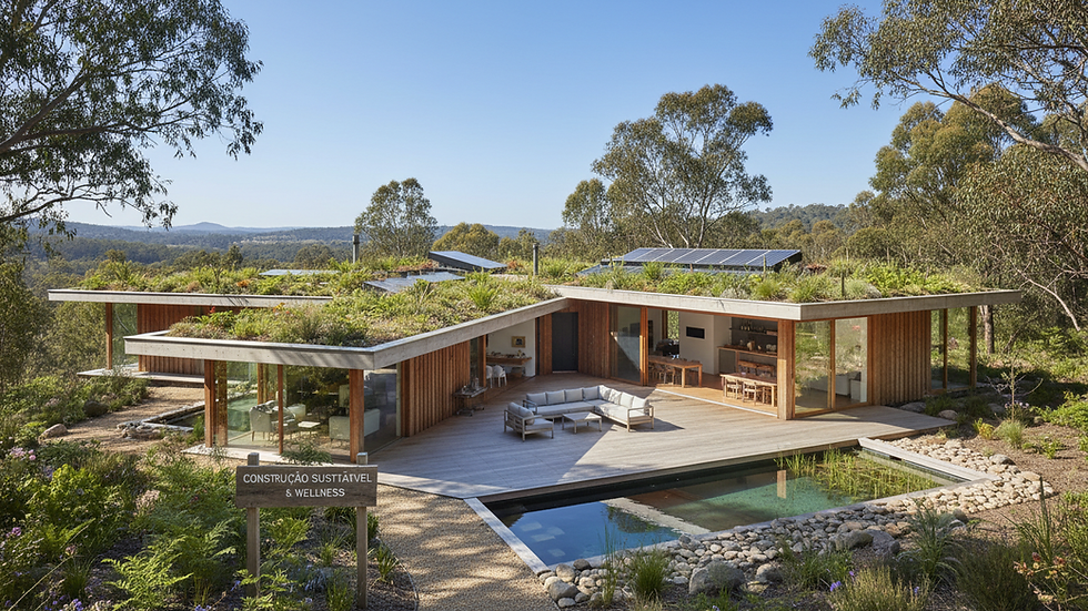 Wide angle view of sustainable house surrounded by native vegetation