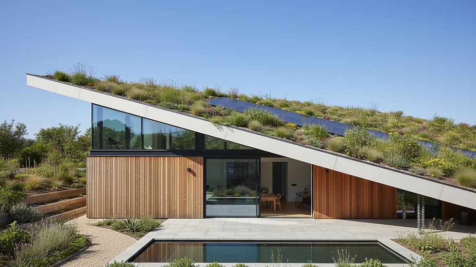 Eye-level view of a modern house with a green roof under clear sky