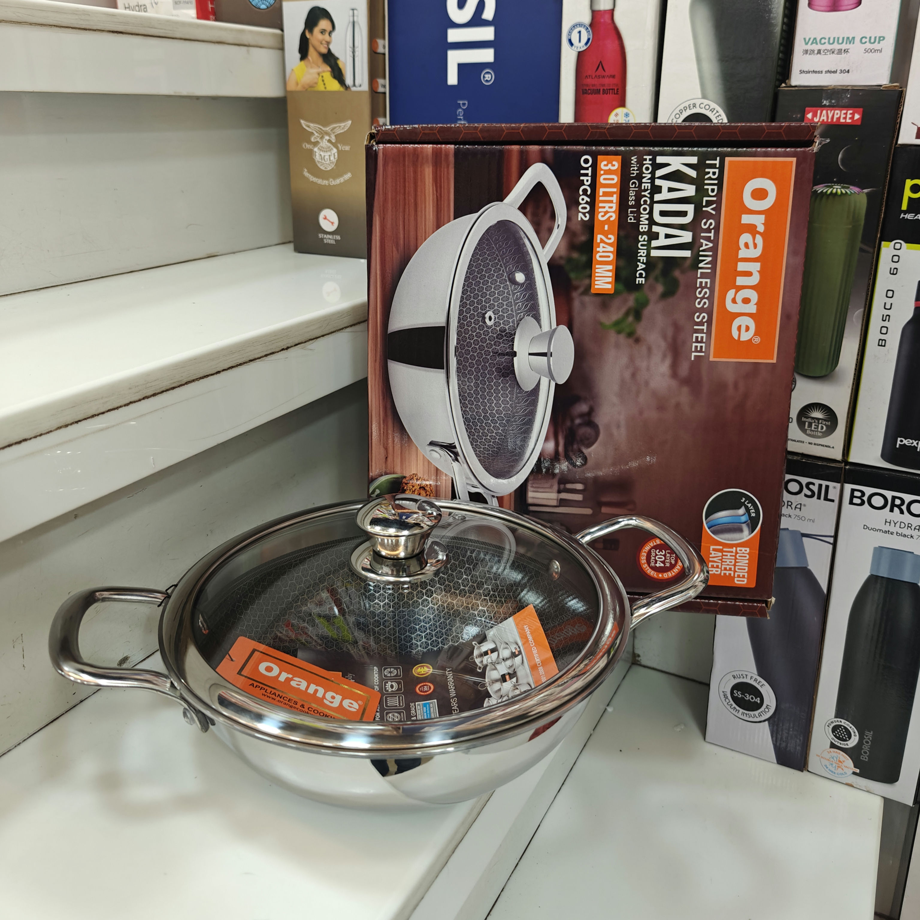 Orange Honeycomb Kadhai With Glass Lid
