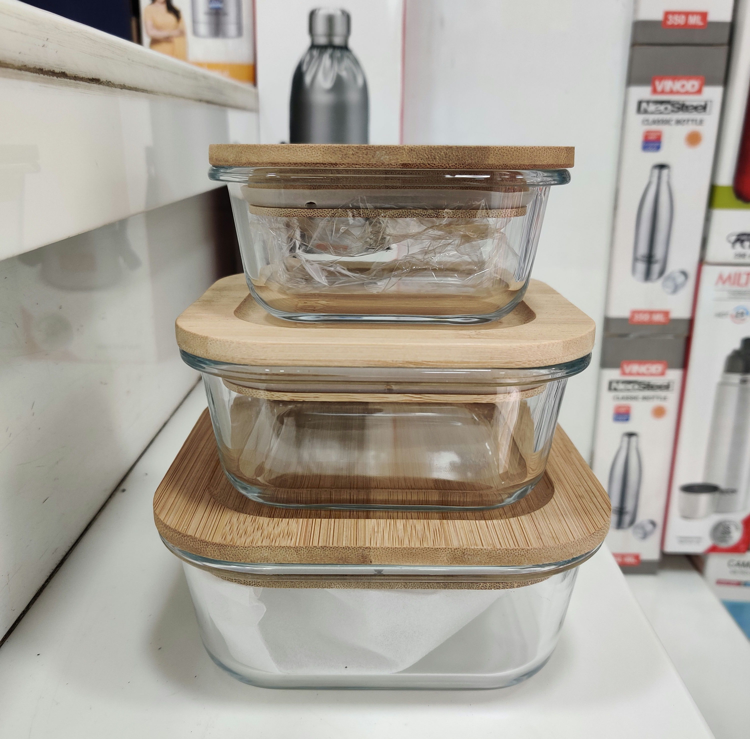 3pcs Square bowl with wooden lid