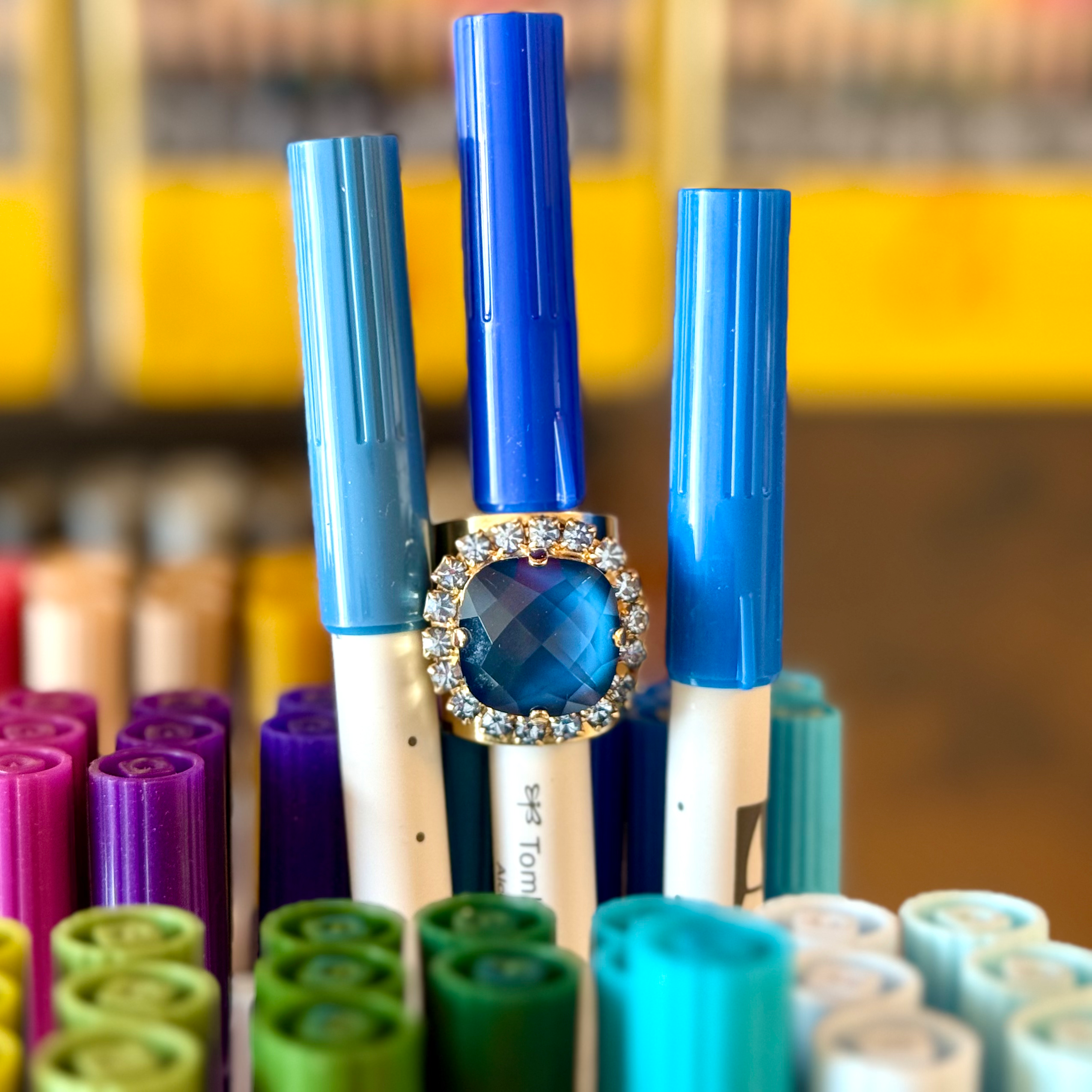 Gold & Blue Crystal Cambrie Statement Ring-Denim-By TOVA