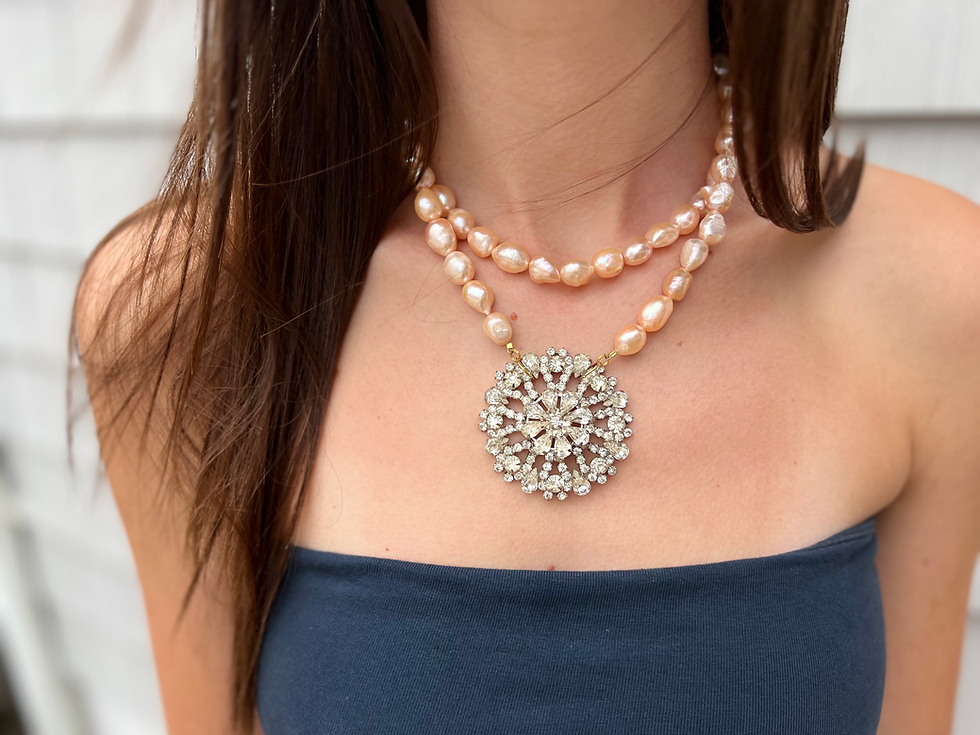 Baroque Pearls & Rhinestone Brooch Necklace with navy blue tube top