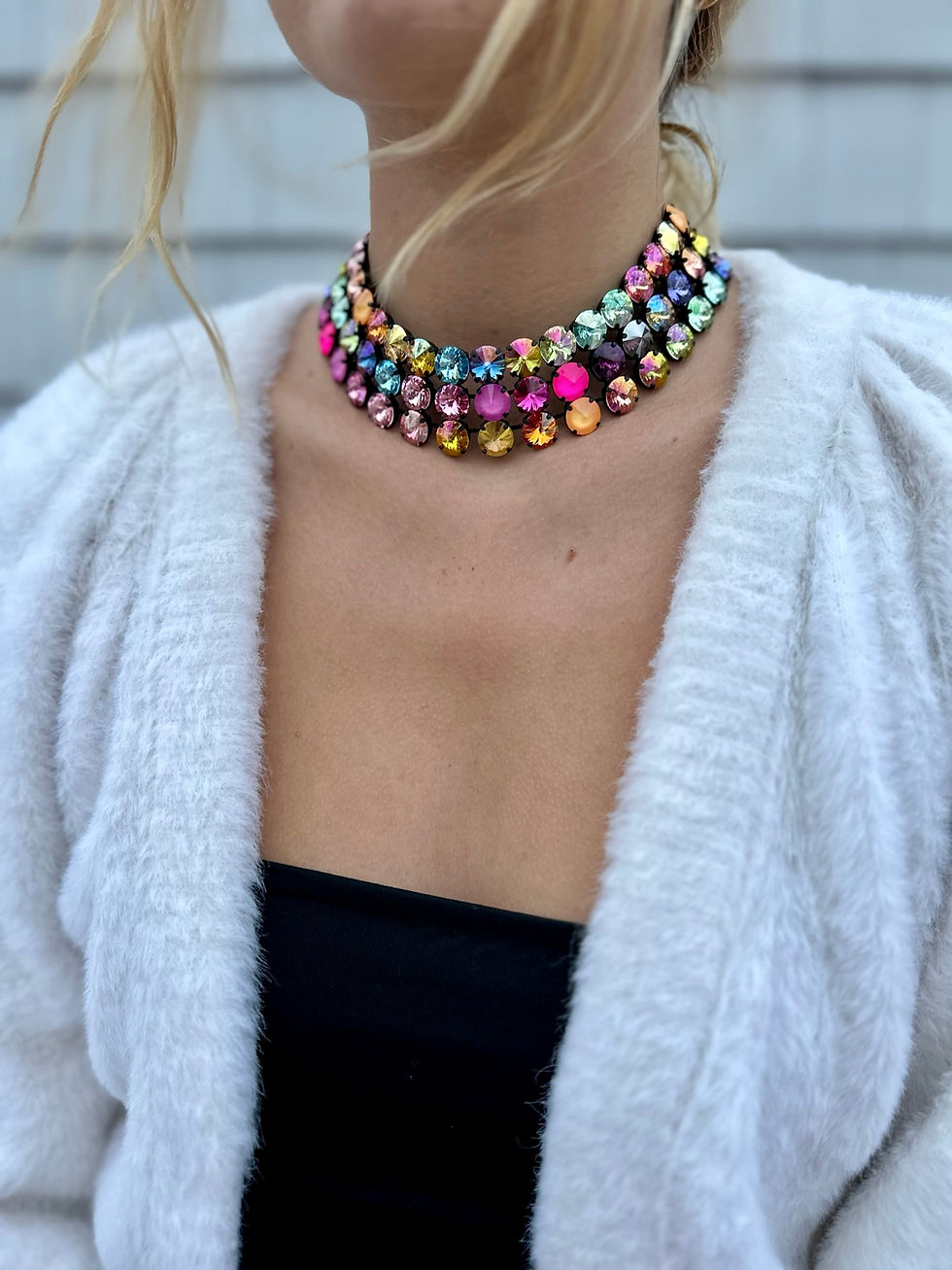 Thumbnail: 3 Layer Rainbow Crystal Choker on young woman's neck