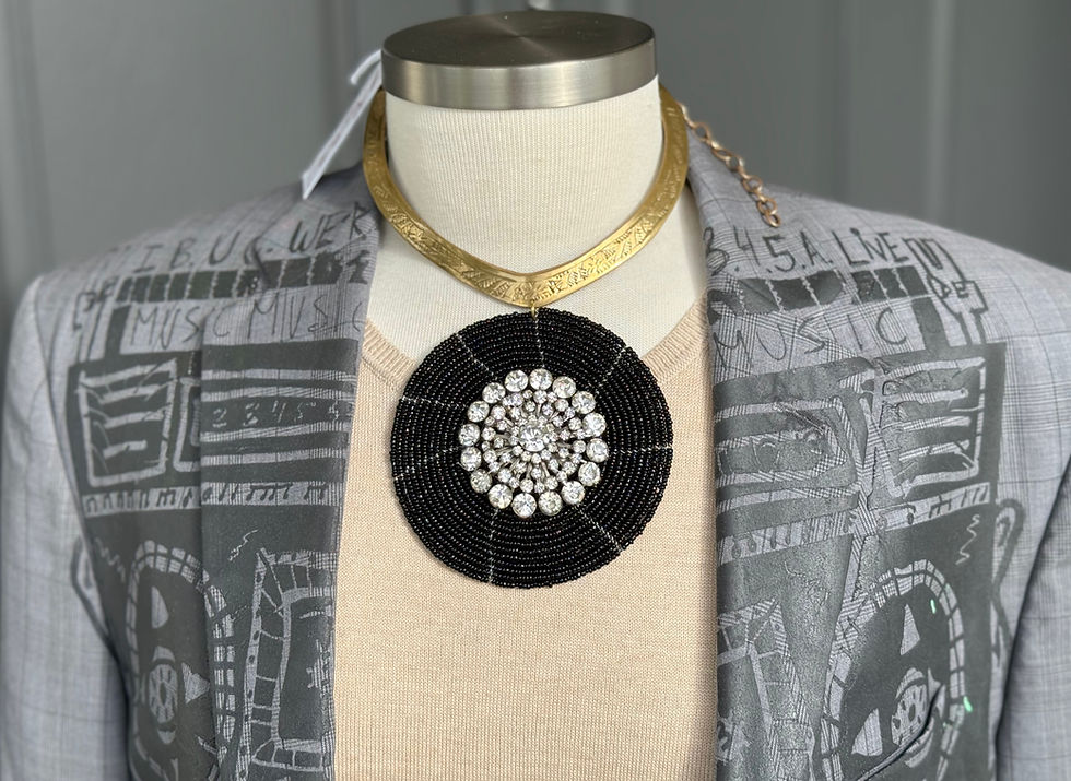 Thumbnail: Vintage Brooch Black Bead Pendant Gold Choker Necklace by Made in the Deep South